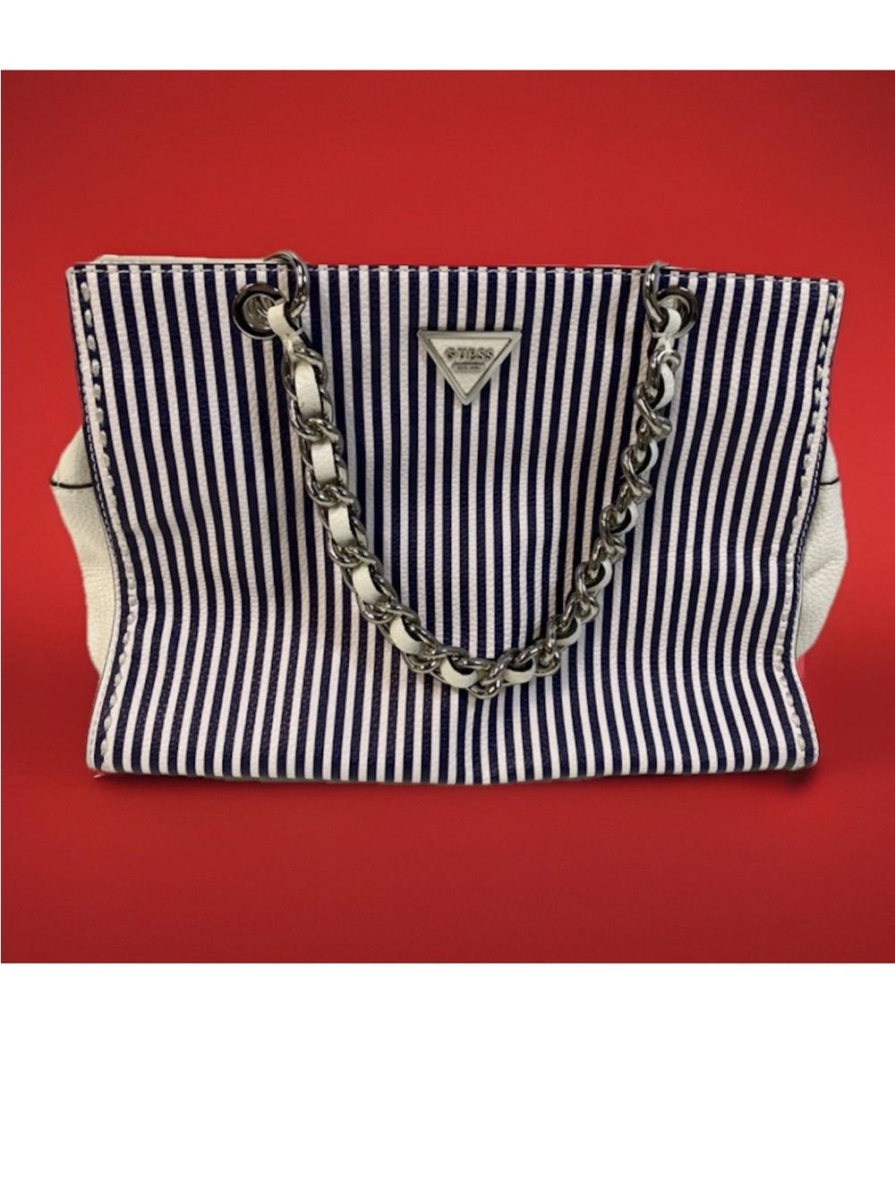 Guess Navy and White Striped Chain-Handle Shoulder Bag